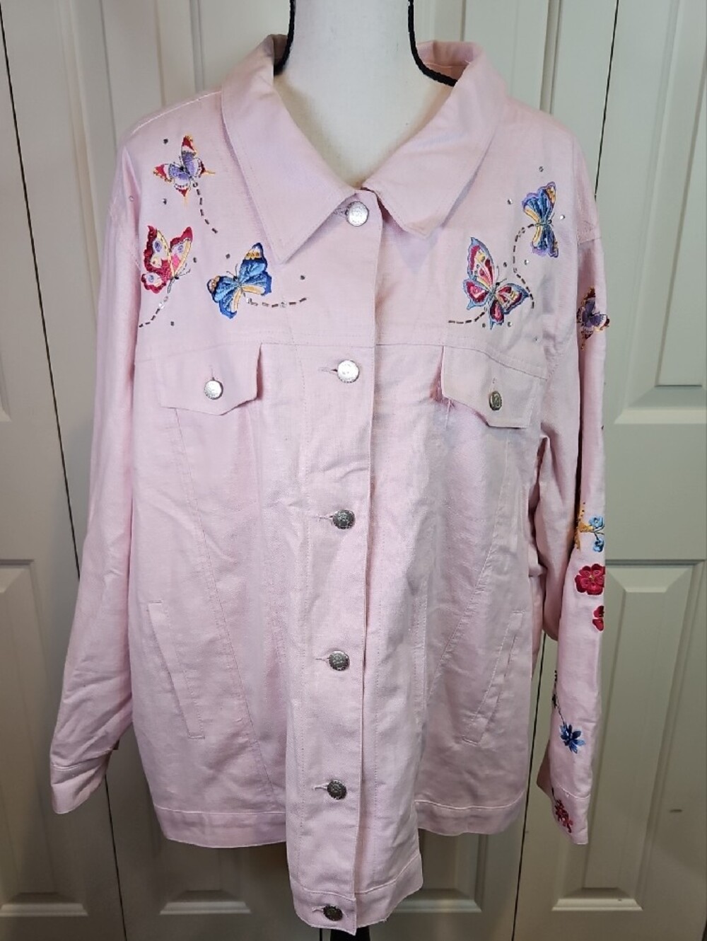 The Quacker Factory Butterfly Jean Jacket Pink 2X New Embroidered
